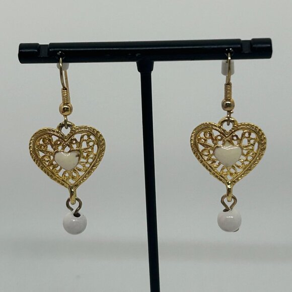 Vintage Gold-Tone Heart Drop Earrings With White Accents & Filigree Design - Picture 12 of 16